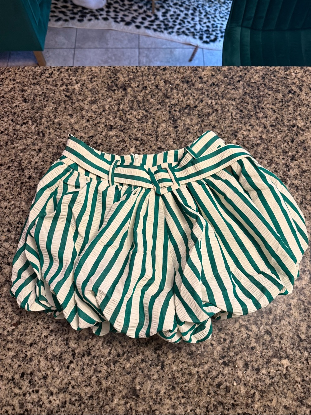 Green and White Striped Women’s Casual Skort with Self-Tie Belt